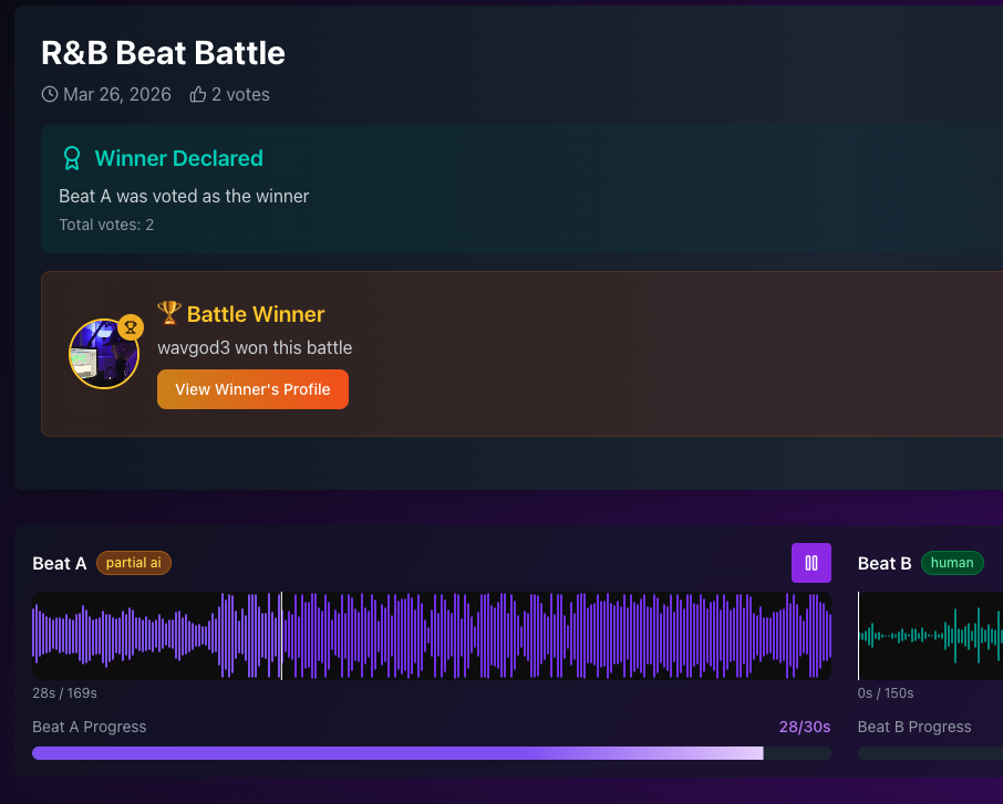 Battle interface showing anonymous voting and clean audio-first design